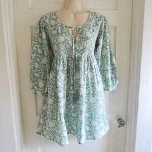 The Fox & The Mermaid Green & White Floral Peasant Mini Dress Tunic L